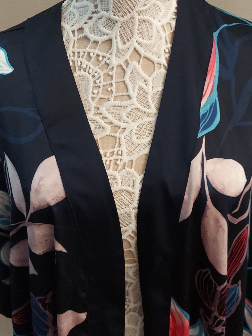 CHICO'S Traveler Navy Floral Longline Silky Kimono L/XL Resortwear Vacation - Picture 5 of 12